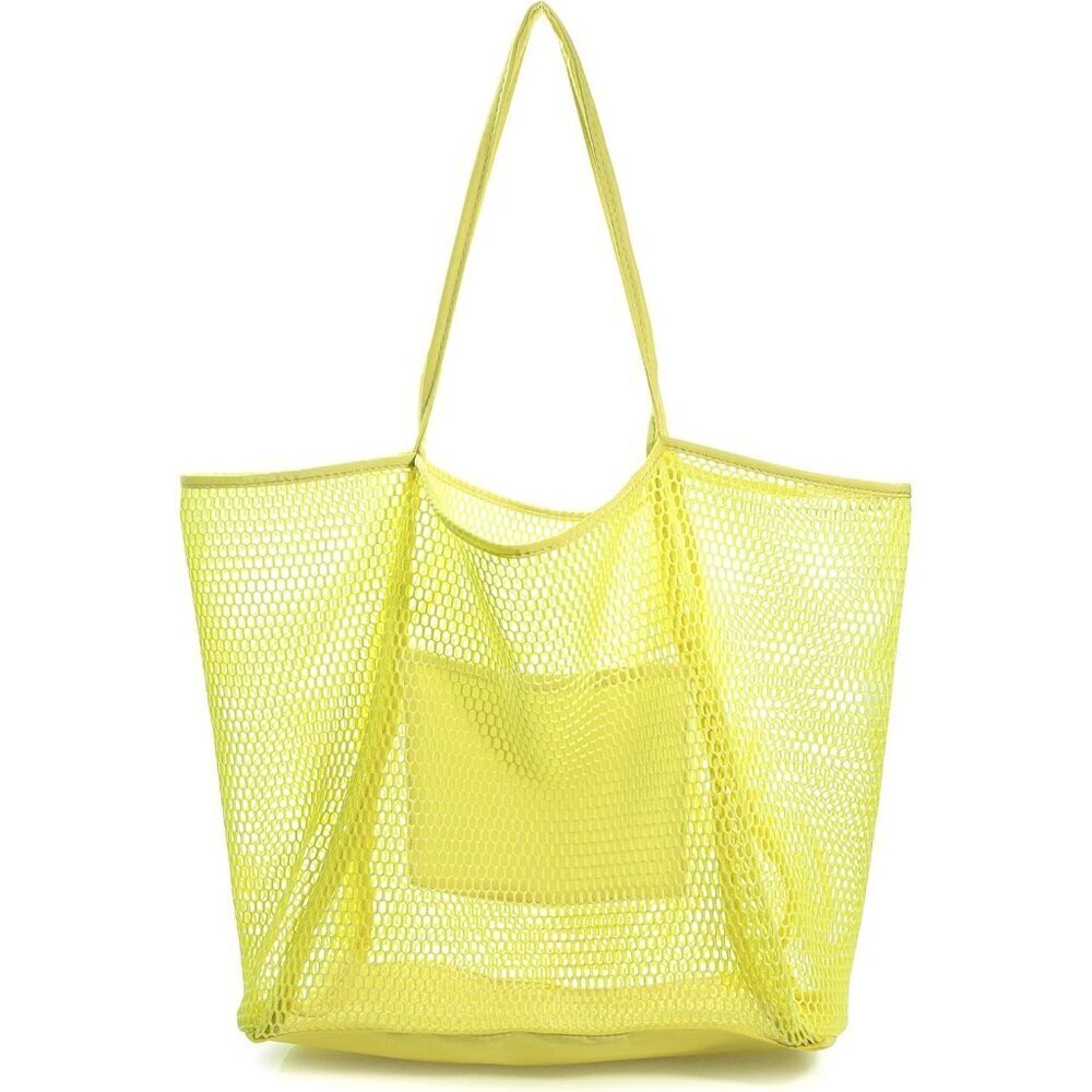 Women's Yellow Mesh Beach Nylon & Polyester No-closure Tote Shoulder Handbag